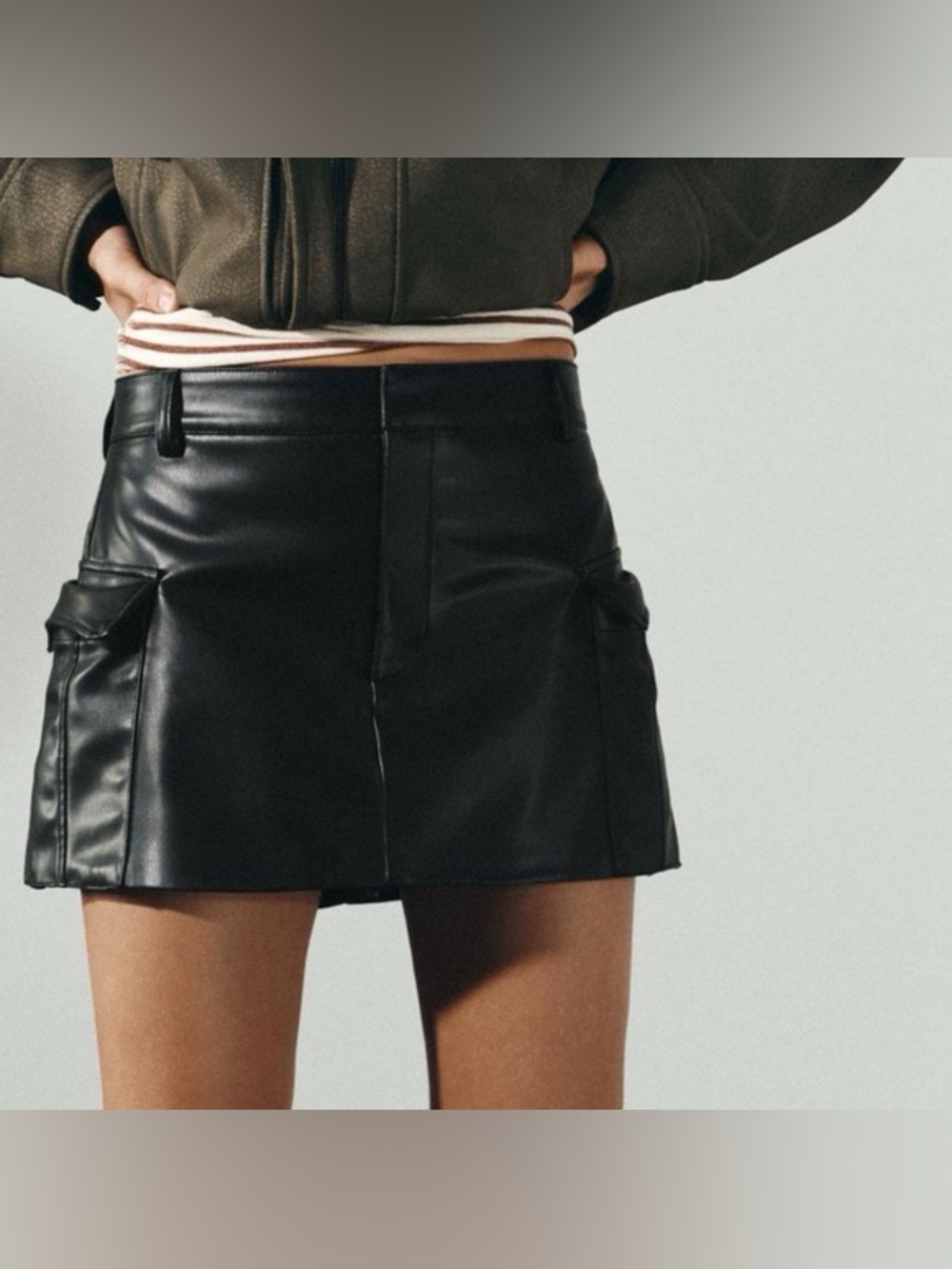 ZARA Black Cargo Faux Leather Mini Skirt Skort Size XS